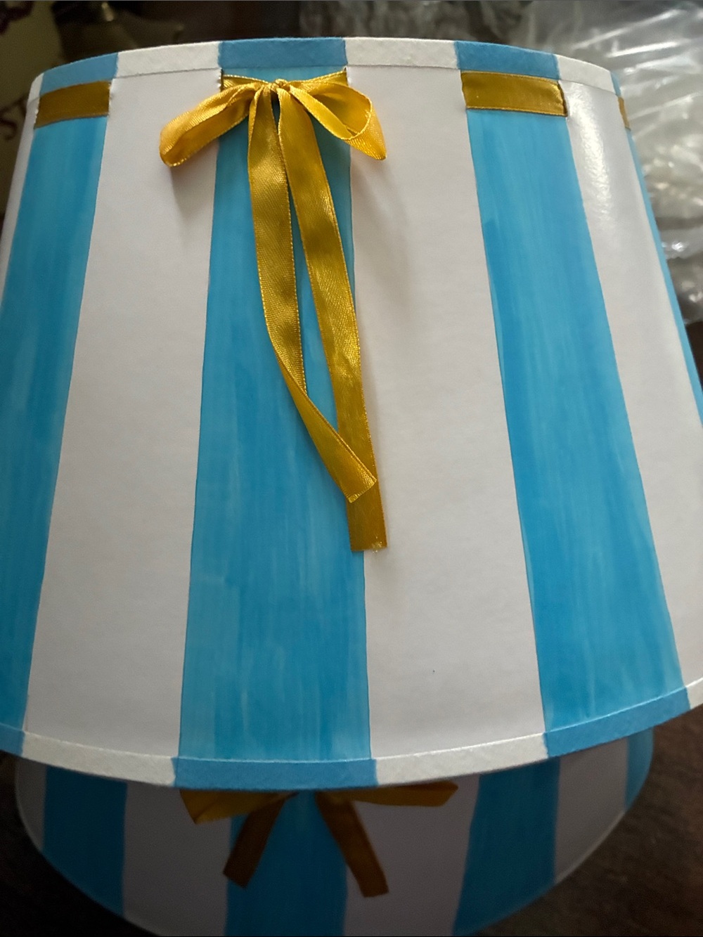 Pair Vintage French Blue and White Striped Lamp Shade with Gold Ribbon Accents - Picture 2 of 3